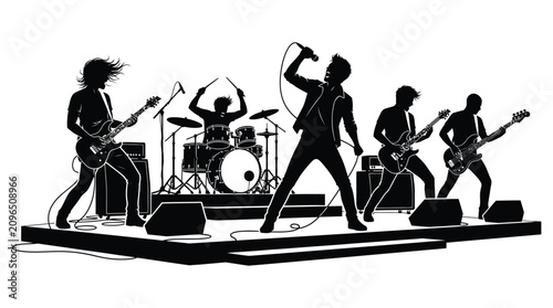 Schilderij op canvas Rock Band Silhouette On Stage Black And White Vector Illustration