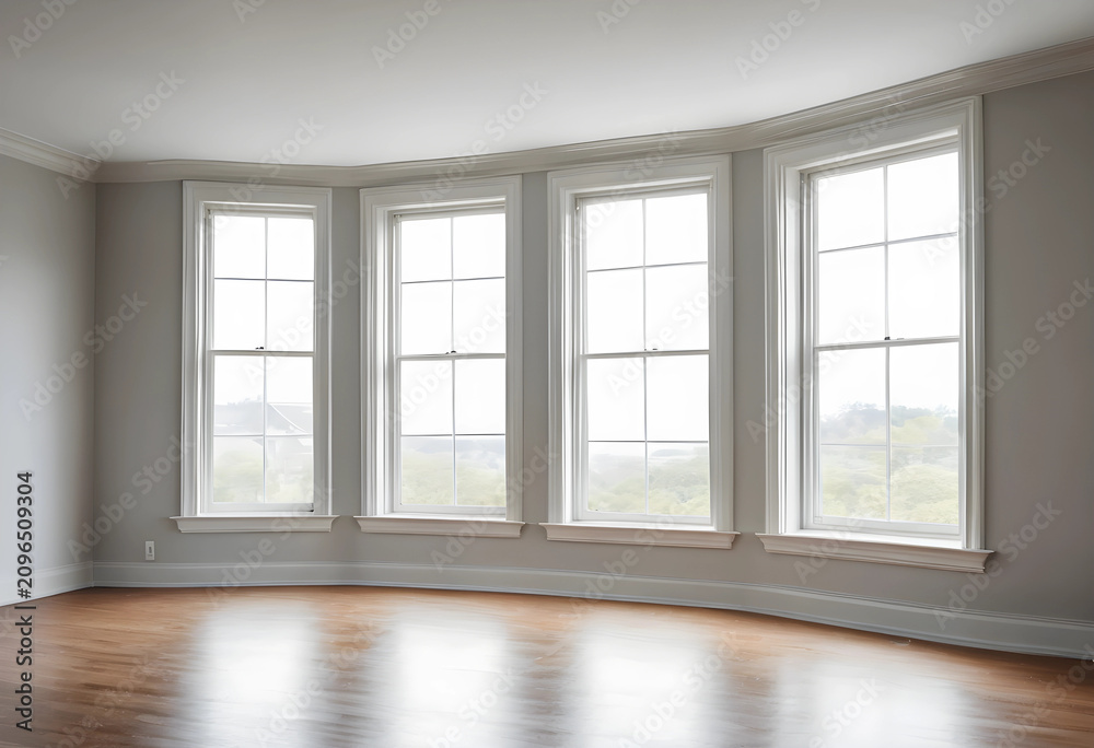 Fototapeta premium Empty bright interior with four large windows