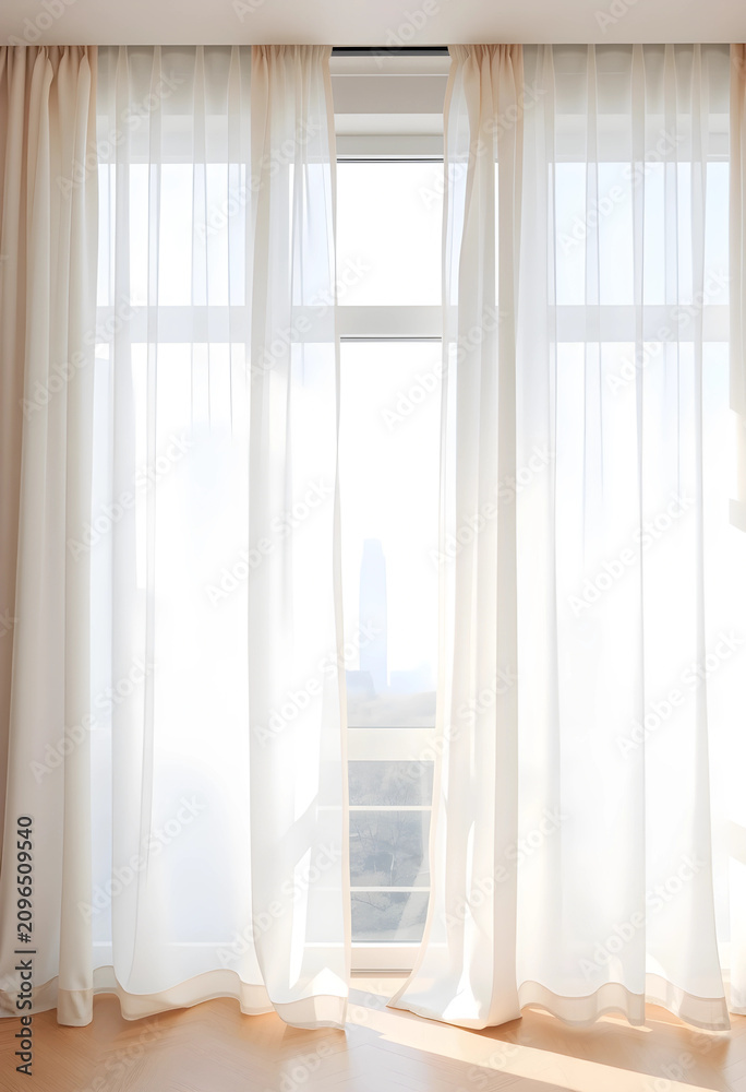 Fototapeta premium Bright interior with flowing white curtains and large windows