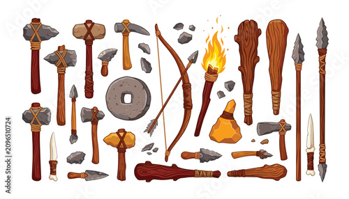 Tableau sur toile Stone age primitive tools and prehistoric weapons collection set featuring flint