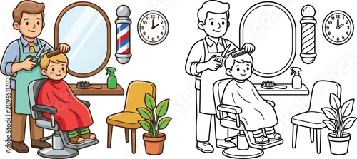 Foto barber giving a child a haircut community helper lifestyle cartoon clipart and l