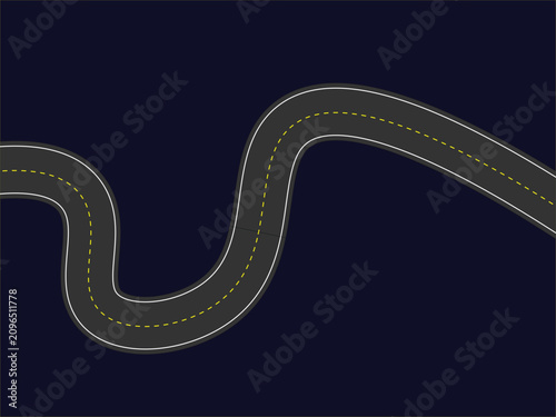 Abstract Winding Road Vector Path with Yellow Dashed Line on Dark Blue Background