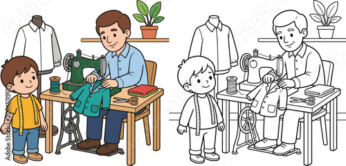Obraz na płótnie tailor sewing a child's jacket community helper lifestyle cartoon clipart and li