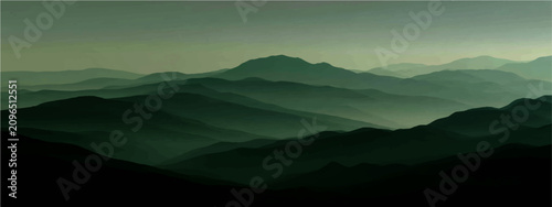 Bild auf Leinwand Misty mountain range unfolds, layers of rugged peaks shrouded ethereal twilight mist, evoking profound tranquility