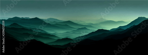 Bilde på lerret Misty mountain range at dawn, ethereal mist enshrouds majestic peaks, casting serene, tranquil, and otherworldly aura over the vast landscape