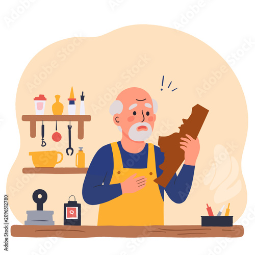 Elderly man looking concerned while holding broken wood in workshop. Elderly set  