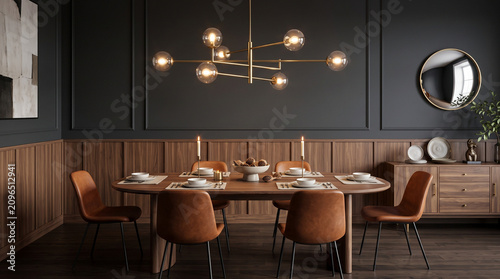 Modern Dining Room Elegance: A sophisticated dining room setup featuring a warm wood table, plush orange chairs, and a striking modern chandelier.