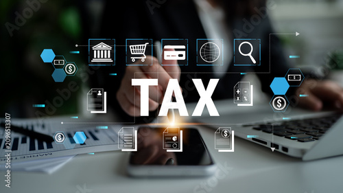 Photography Business Concept of Tax Management Featuring Digital Icons of Finance, Banking, Taxes, Commerce, Technology, and Data Analysis in Modern Office Setting Fluxor