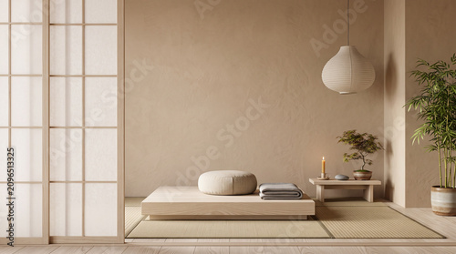 Serene Japanese Room with Zen Elements: A tranquil and minimalist Japanese-style room featuring a low platform bed, floor cushions, shoji screen, and a bonsai tree.