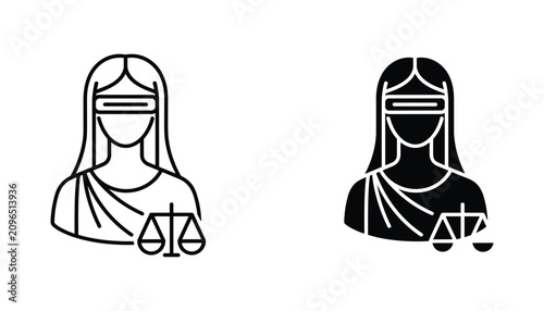 Fotografía Lady Justice vector icon isolated on white Black and white outline line art and