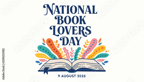 Bild auf Leinwand Colorful national book lovers day illustration with open vintage book