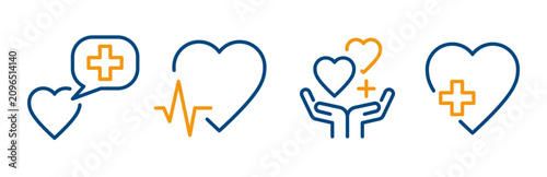 Photos heart icon set, outline icons implying heart health, help medical aid, hands hol