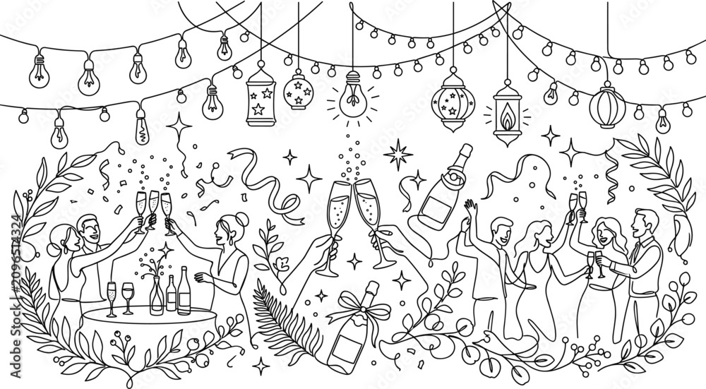 Obraz premium Group of People Celebrating with Champagne Toast Line Art Illustration.