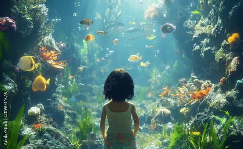 Young girl in floral skirt watches colorful tropical fish swim in a large aquarium filled with coral and marine plants