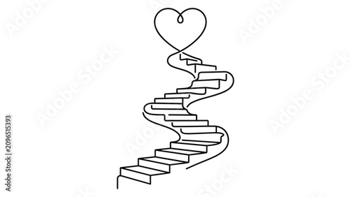 Continuous line art illustration of a stairway leading to a heart shape.