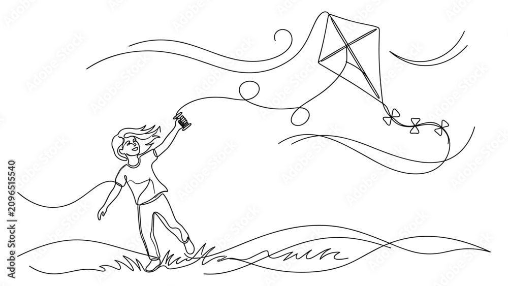 Obraz premium A young child flying a kite outdoors in a simple line drawing style.