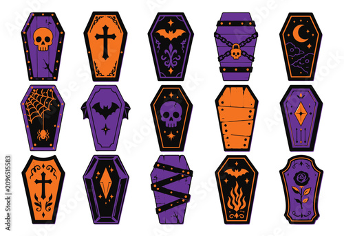 Bild auf Leinwand Halloween Coffin Vector Set, Spooky Gothic Coffins Collection with Skull Bat Cro
