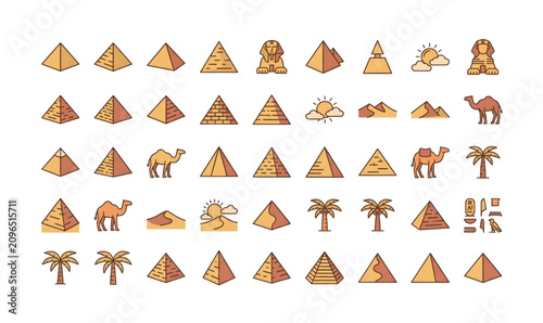 Collection of pyramids and camels desert icons set.