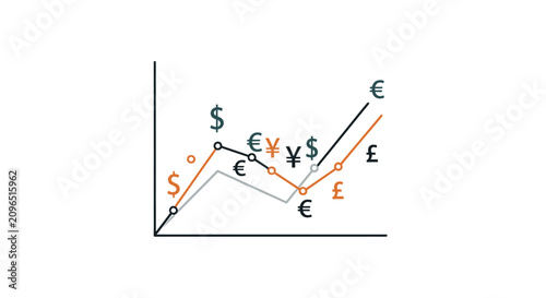 Cuadro en lienzo Line graph illustrating fluctuating exchange rates of multiple global currencies including Dollar, Euro, Yen, and Pound over time