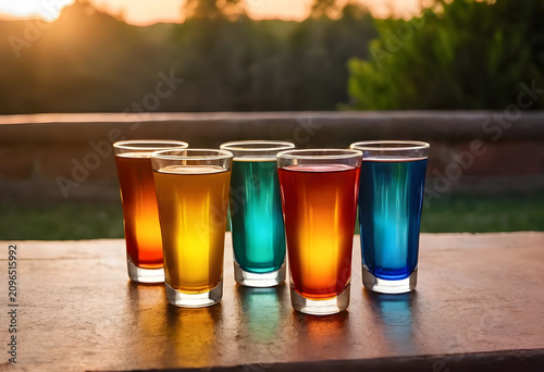 Colorful shot glasses lined up outdoors at golden hour
