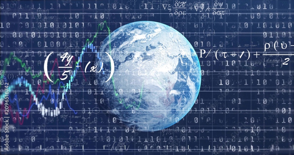 Obraz premium Binary digits rising, 3D Earth rotating while charts and equations animating and visualizing data