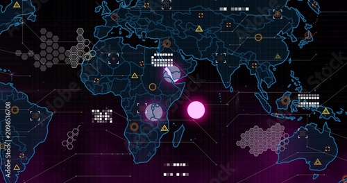 Animated neon world map responding to data pulse, showing pulsing magenta hotspots and security UI
