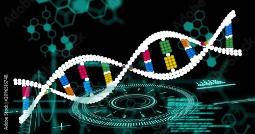 HUD lighting up, DNA helix emerging from left, undulating across teal biotech HUD scanning code