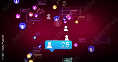 Blue bubble updating count, drawing color avatars in on maroon tech UI, showing social growth