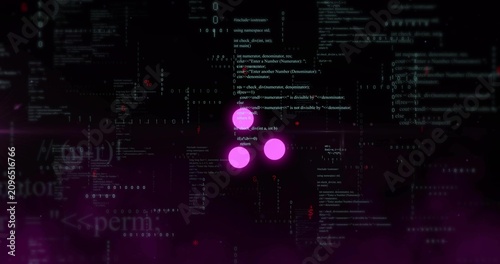 Three magenta orbs brightening, pulsing, jittering then dimming as scrolling code triggers tech HUD