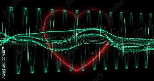 Animated red heart and teal waveform ribbons pulsing to music beat, aligning spikes, brightening