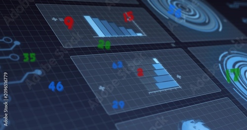 Translucent data panels animating after L-shaped axis drawing, stacked bars filling to show metrics