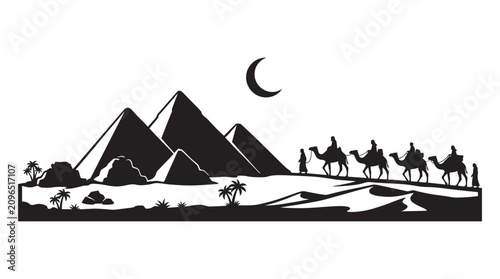 Photos Egyptian Desert Scene With Camels And Pyramids Silhouette