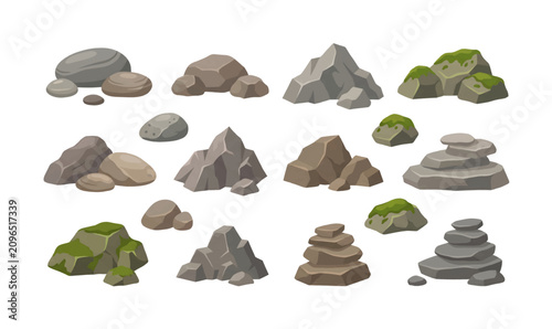 Collection of various stacked stone cairns.