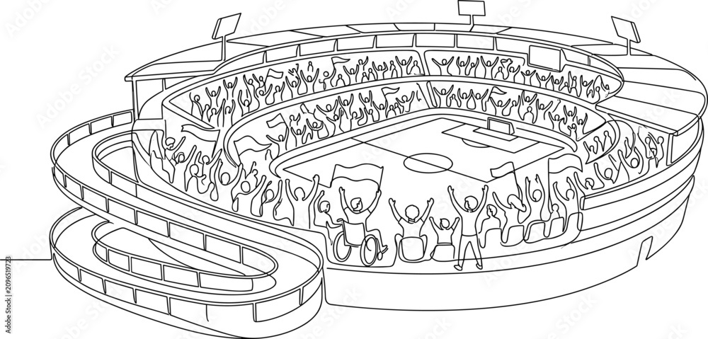 Obraz premium Black and white line art drawing of a sports stadium filled with cheering fans.