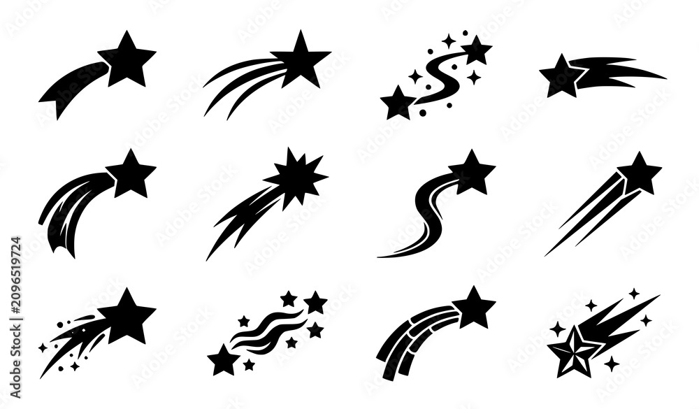Fototapeta premium Minimal Black Shooting Star Icon Set Flat Silhouette Vector Collection with Celestial Motion Symbols for Branding Interface Stickers Decorative Graphics and Design
