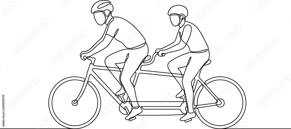 Obraz premium Continuous line drawing of two people riding a tandem bicycle.
