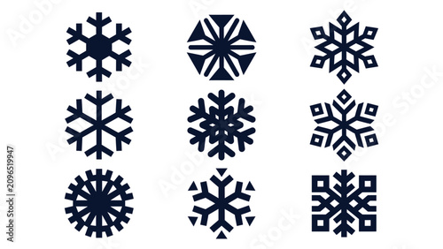 Set of black and blue snowflakes on white background