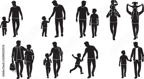Black silhouettes of people walking. Family and friends in various poses.