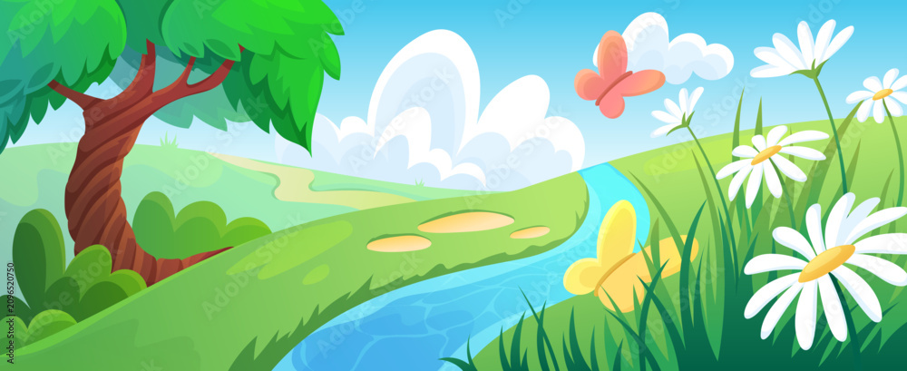 Obraz premium Meadow landscape with blooming daisies under colorful blue sky. Cartoon field background with green grass and fluffy clouds. Peaceful spring view with hills, trees and bright sunny environment.