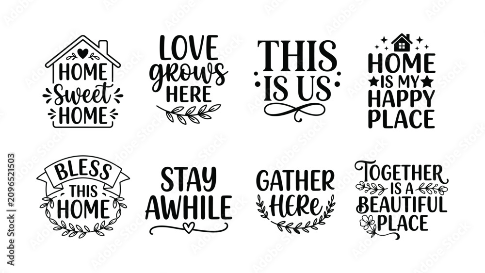 Fototapeta premium Home Sweet Home Inspirational Sayings with Househouse Illustrations Transparent Background