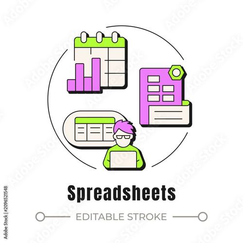 Spreadsheets neubrutalism concept icon. Digital workflow optimization. Data organization and modern workplace productivity. Trendy neo-memphis vector illustration. Circular contemporary flat design