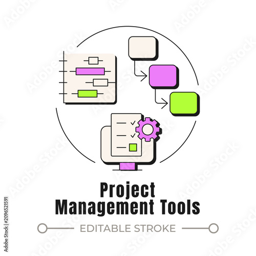 Project management tools neubrutalism concept icon. Strategic task management systems. Modern workflows and organization. Trendy neo-memphis vector illustration. Circular contemporary flat design