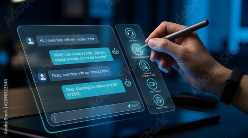 Developer interacting with transparent chat UI on tablet for conversational AI and messaging flow