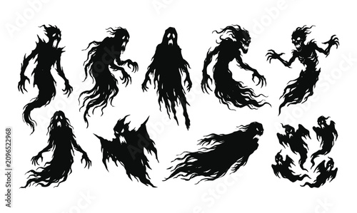 Cuadro en lienzo Creepy Halloween ghost and monster silhouettes set scary creature elements vecto