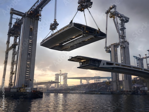 Industrial crane lifting a massive bridge segment over water. Civil engineering project in progress. Modern construction site development. Heavy infrastructure machinery and architecture.