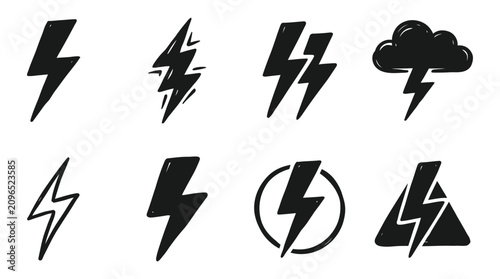 Tableau sur toile Collection Of Lightning Bolt Silhouettes In Black And White Silhouette