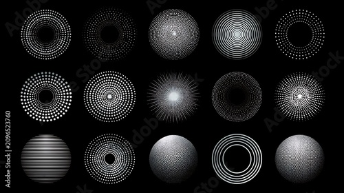 Set of abstract geometric halftone circles and radial patterns. Useful for modern graphic design backgrounds and.
