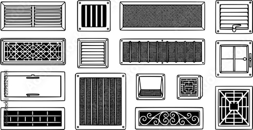 Black line foundation vent vector set, crawl space ventilation grilles and exterior building vents isolated on white background, residential construction illustration
