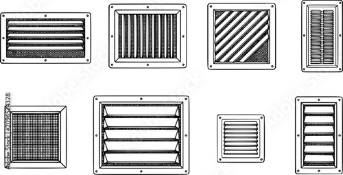 Black line foundation vent vector set, crawl space ventilation grilles and exterior building vents isolated on white background, residential construction illustration