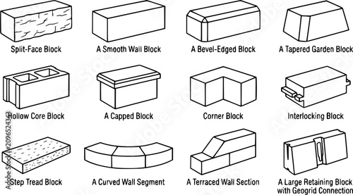 Black line retaining wall block vector collection, landscape construction, concrete wall systems and garden retaining elements isolated on white background